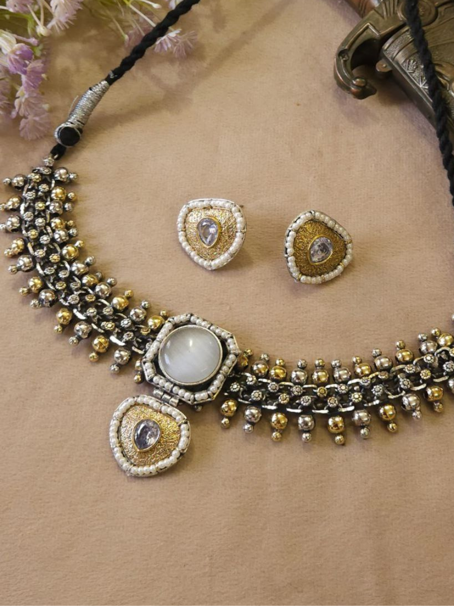 Ethnic White Stone Dual Tone Oxidised Choker Necklace Set