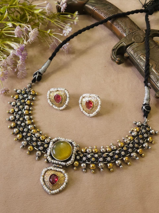 Buy Ethnic Yellow Stone Dual Tone Oxidised Choker Necklace Set Online - TheJewelbox