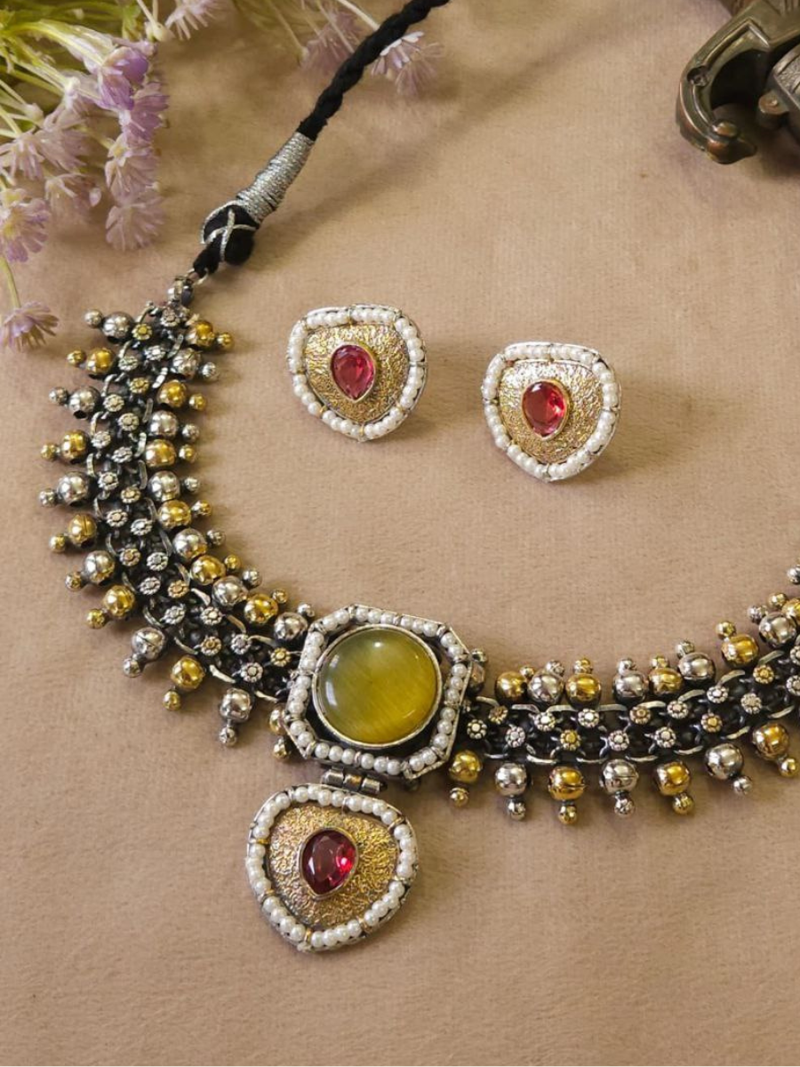 Ethnic Yellow Stone Dual Tone Oxidised Choker Necklace Set