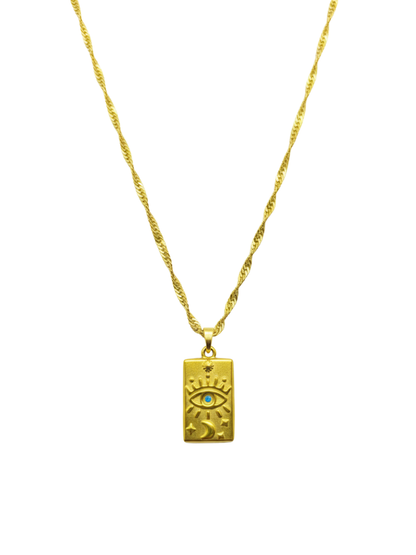 Evil Eye Rectangular Pendant Golden Chain Necklace