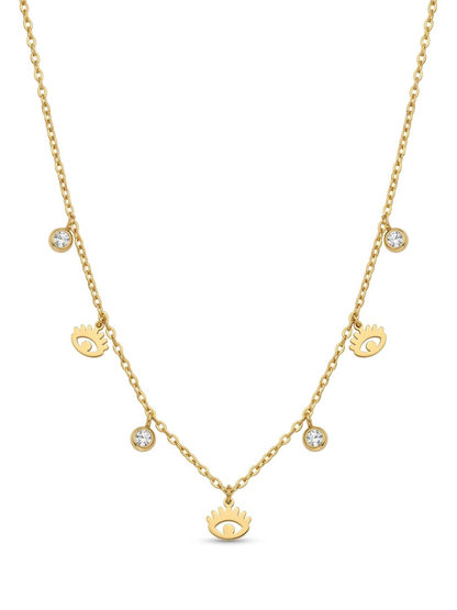 Evil Eye and Diamond Charms Minimal Golden Chain Necklace