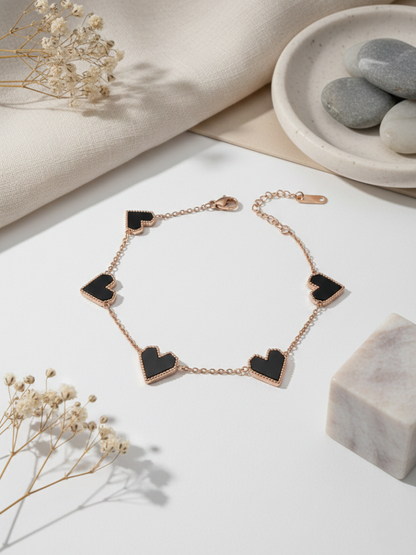 Buy Five of Black Enamelled Heart Charms Rose Gold Bracelet Online