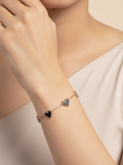 Five of Black Enamelled Heart Charms Rose Gold Anti Tarnish Bracelet