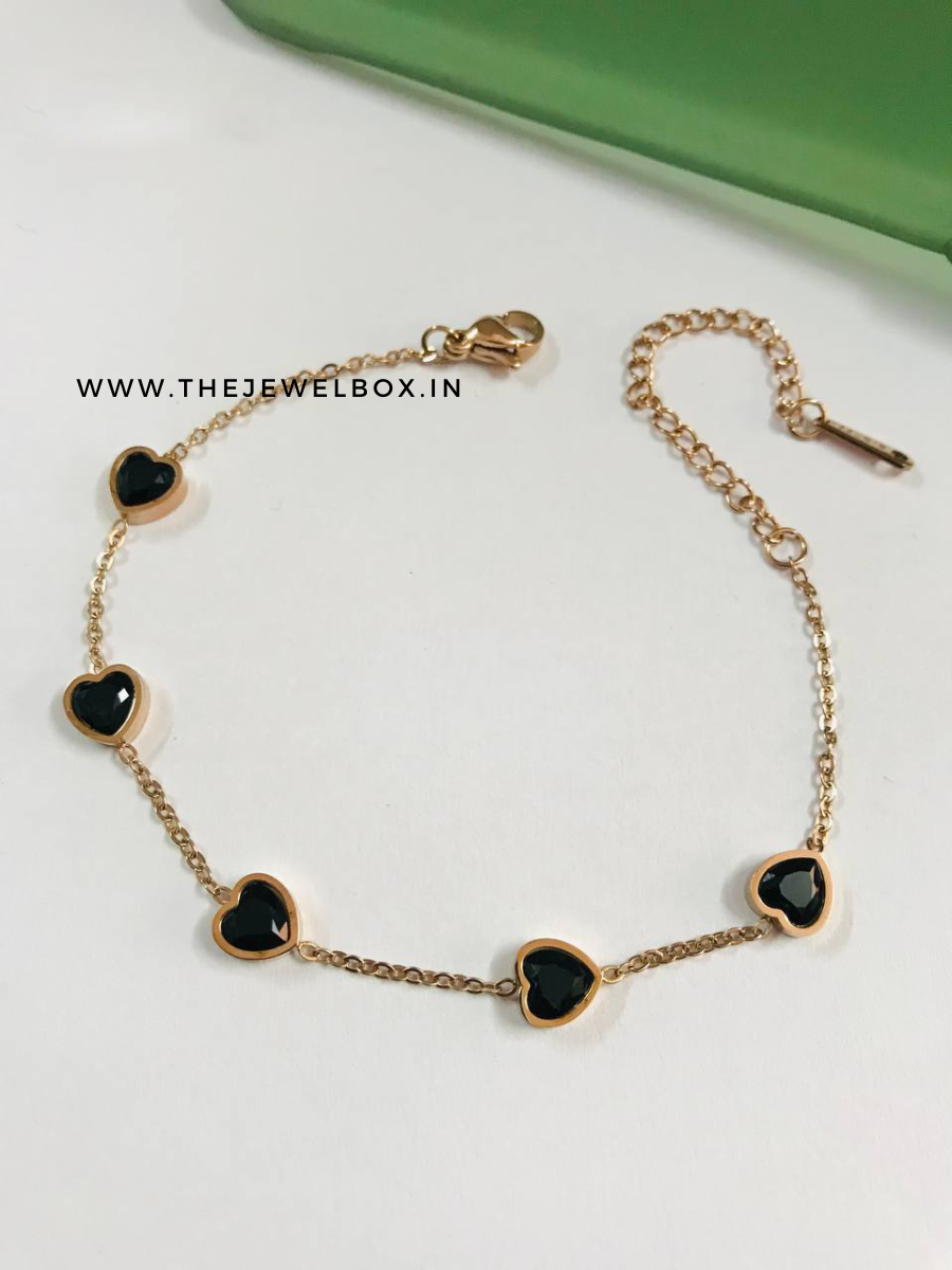 Buy Five of Black Stone Heart Charms Rose Gold Bracelet - TheJewelbox