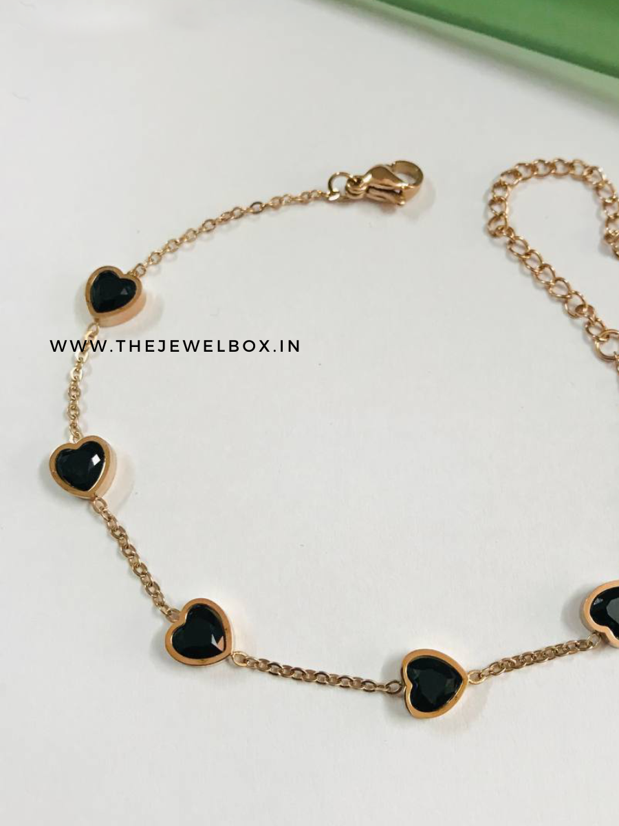 Five of Black Stone Heart Charms Rose Gold Bracelet
