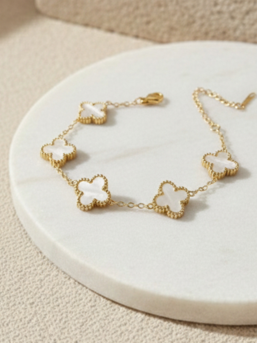 Buy Five of White Pearl Enamelled Clover Charms Golden Bracelet Online in India - TheJewelbox