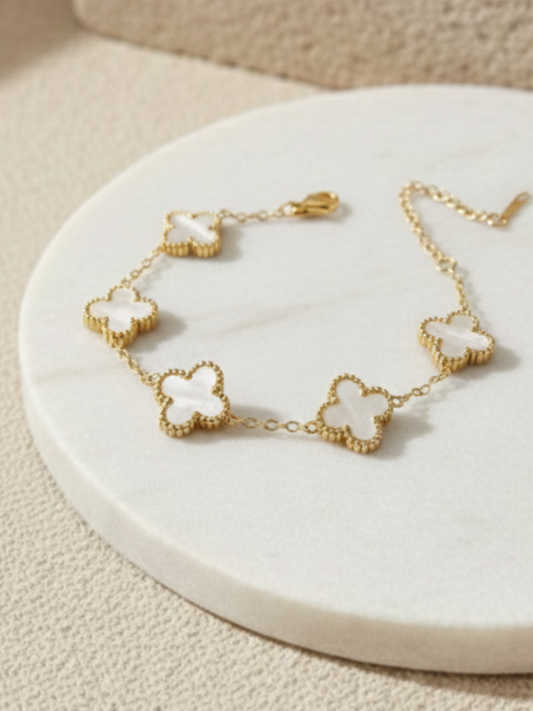 Buy Five of White Pearl Enamelled Clover Charms Golden Bracelet Online in India - TheJewelbox