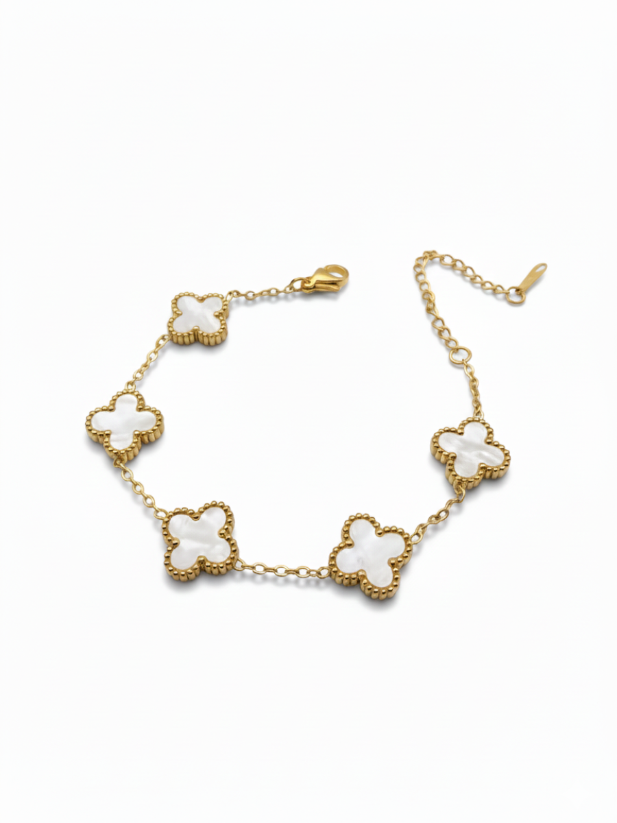 Five of White Pearl Enamelled Clover Charms Golden Bracelet