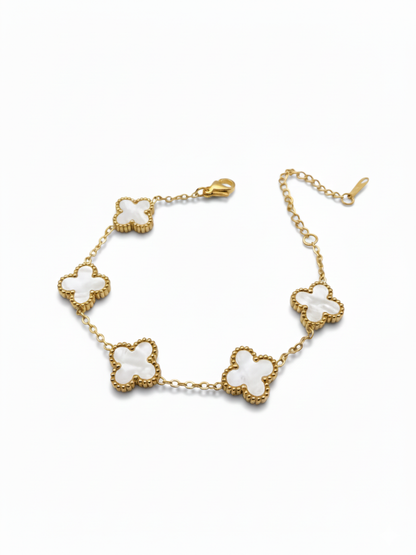 Five of White Pearl Enamelled Clover Charms Golden Bracelet