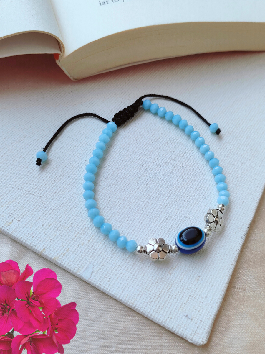 Buy Floral Charm Sky Blue Beaded Evil Eye Anklet - TheJewelbox