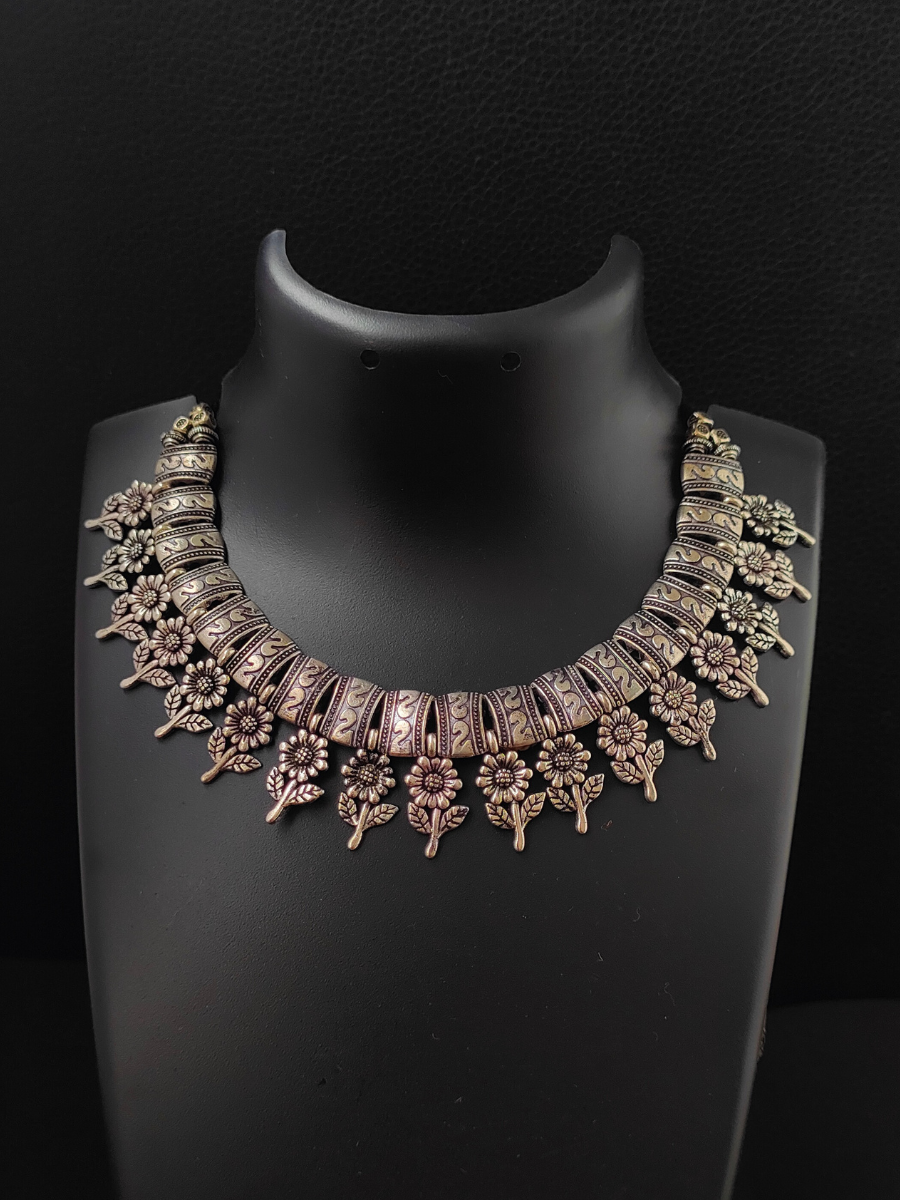 Floral Hangings Oxidised Silver Necklace Set