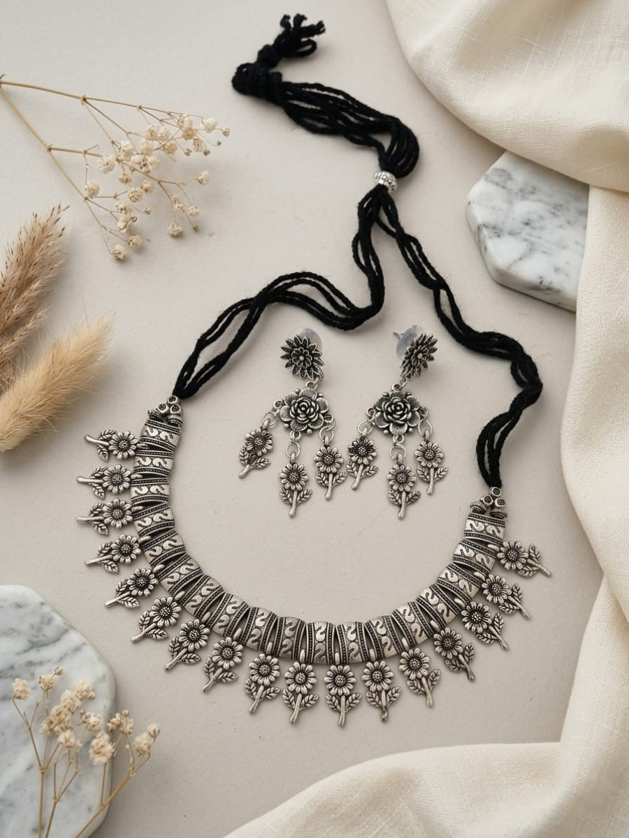 Buy Floral Hangings Oxidised Silver Choker Necklace Set Online in India