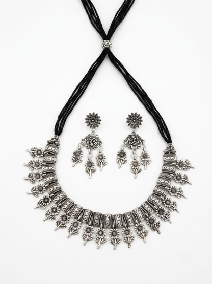 Floral Hangings Oxidised Silver Choker Necklace Set