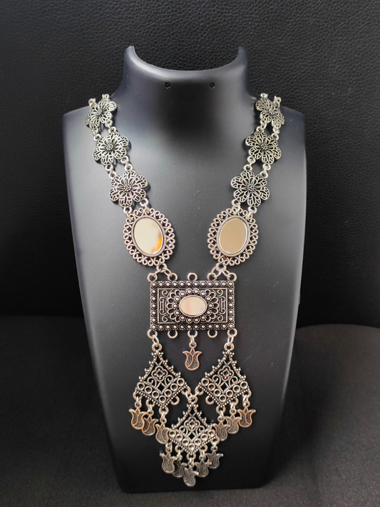 Buy Floral Pattern Long Oxidised Silver Mirror Necklace Set - TheJewelbox