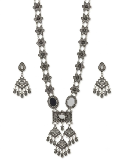 Floral Pattern Long Oxidised Silver Mirror Necklace Set