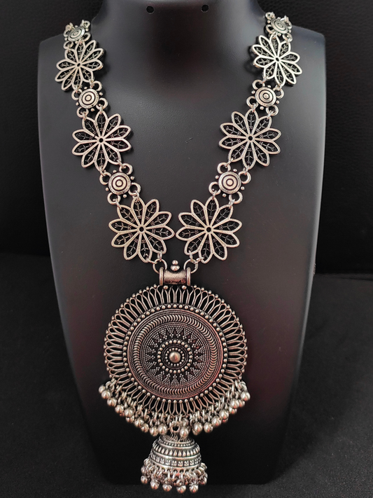 Buy Floral Pattern Oxidised Silver Long Necklace Set with Earrings - TheJewelbox