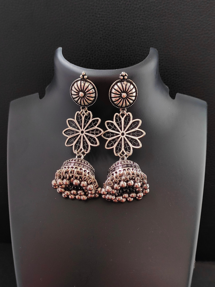 Floral Pattern Oxidised Silver Jhumka Earrings