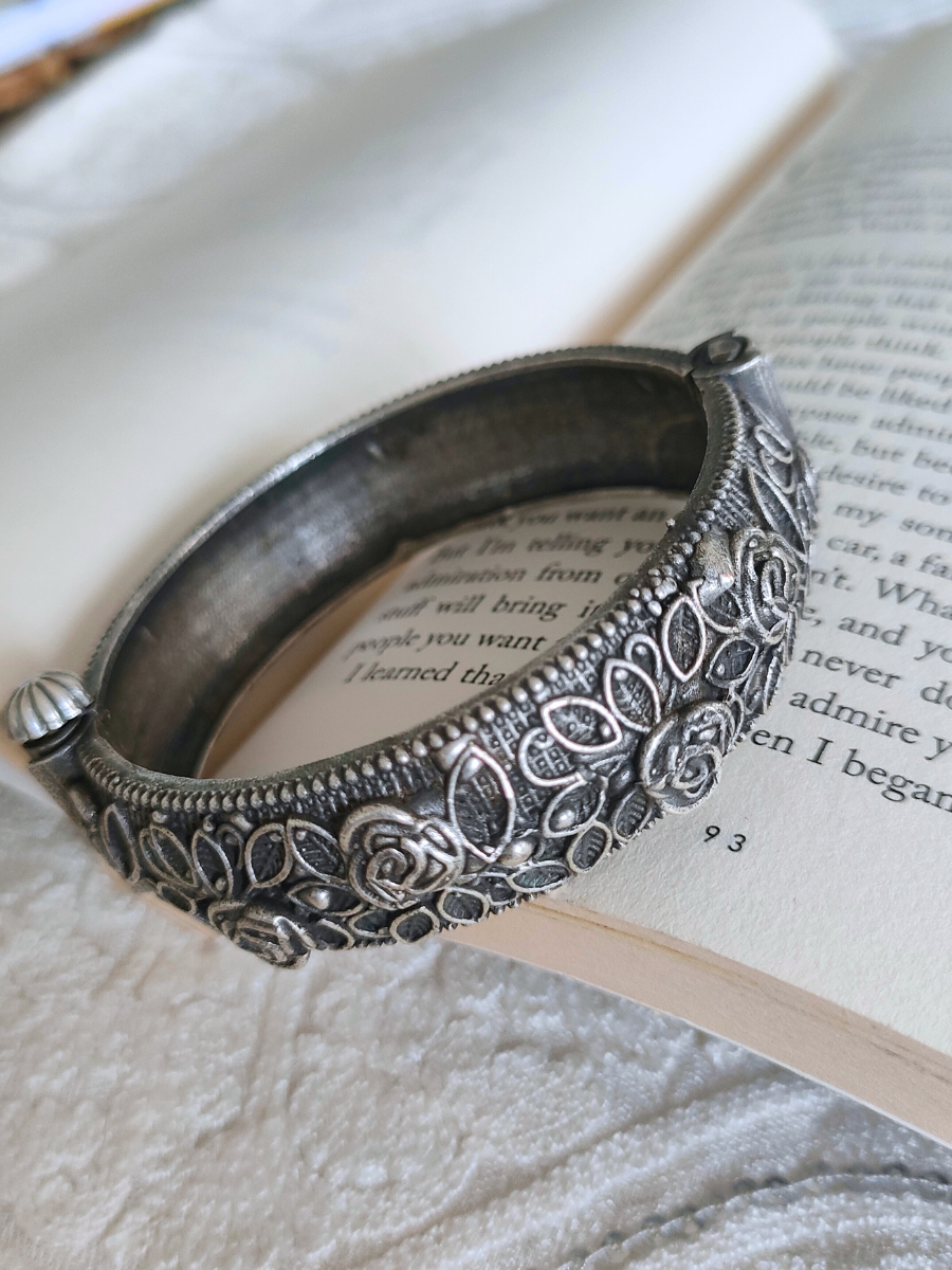 Flower Style German Silver Oxidised Bangle