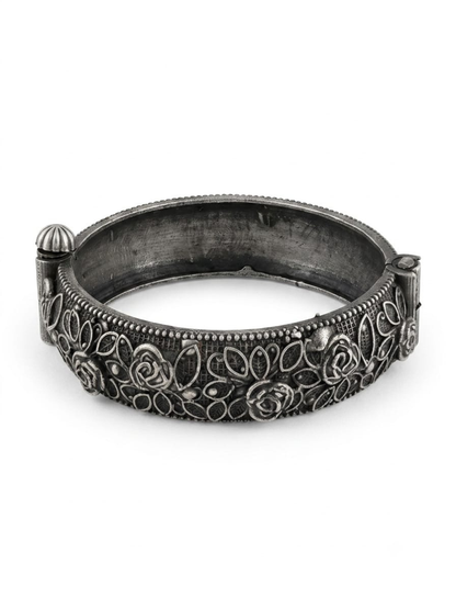 Flower Style German Silver Oxidised Thin Kada Bangle