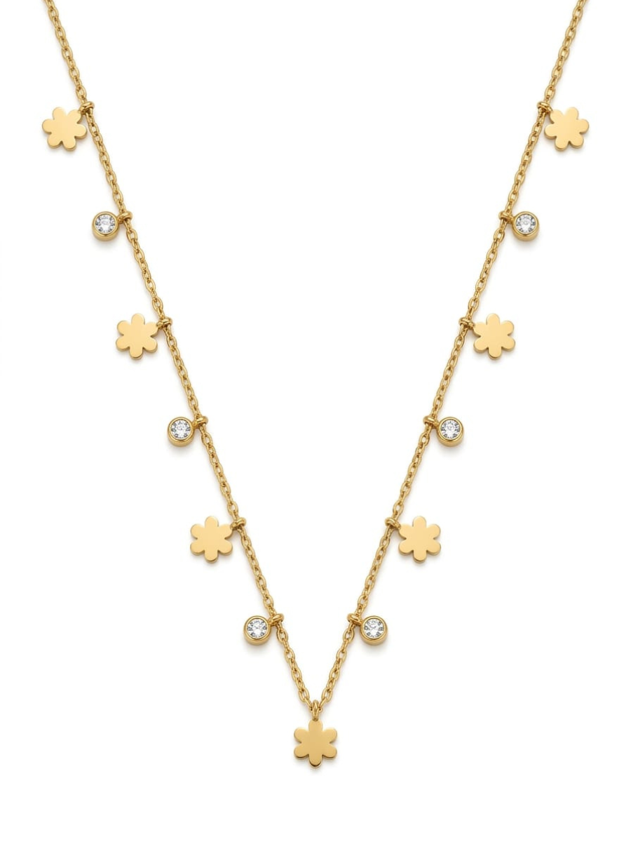Flower and Diamond Charms Golden Chain Necklace