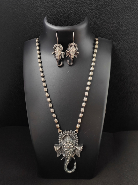 Ganesha Style German Silver Oxidised Long Necklace with Earrings