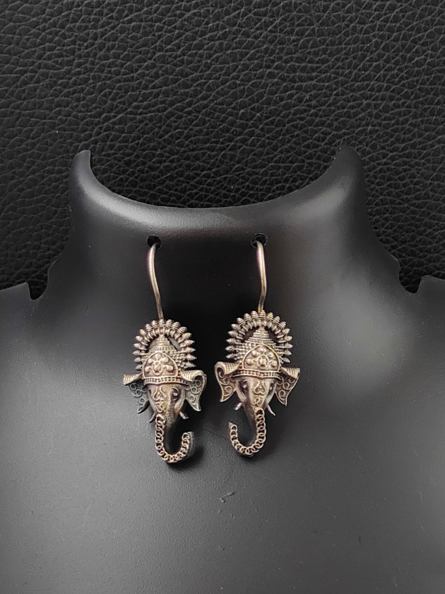 Ganesha Style German Silver Oxidised Long Necklace with Earrings