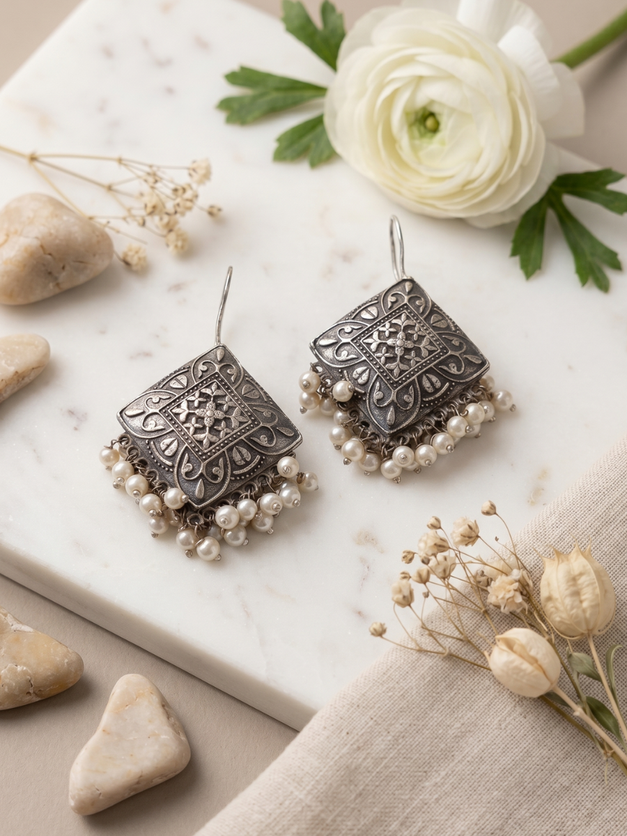 Buy German Silver Black Metal Square Shaped Hook Earrings Online in India