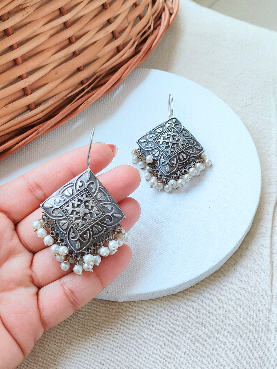 German Silver Black Metal Square Shaped Hook Earrings