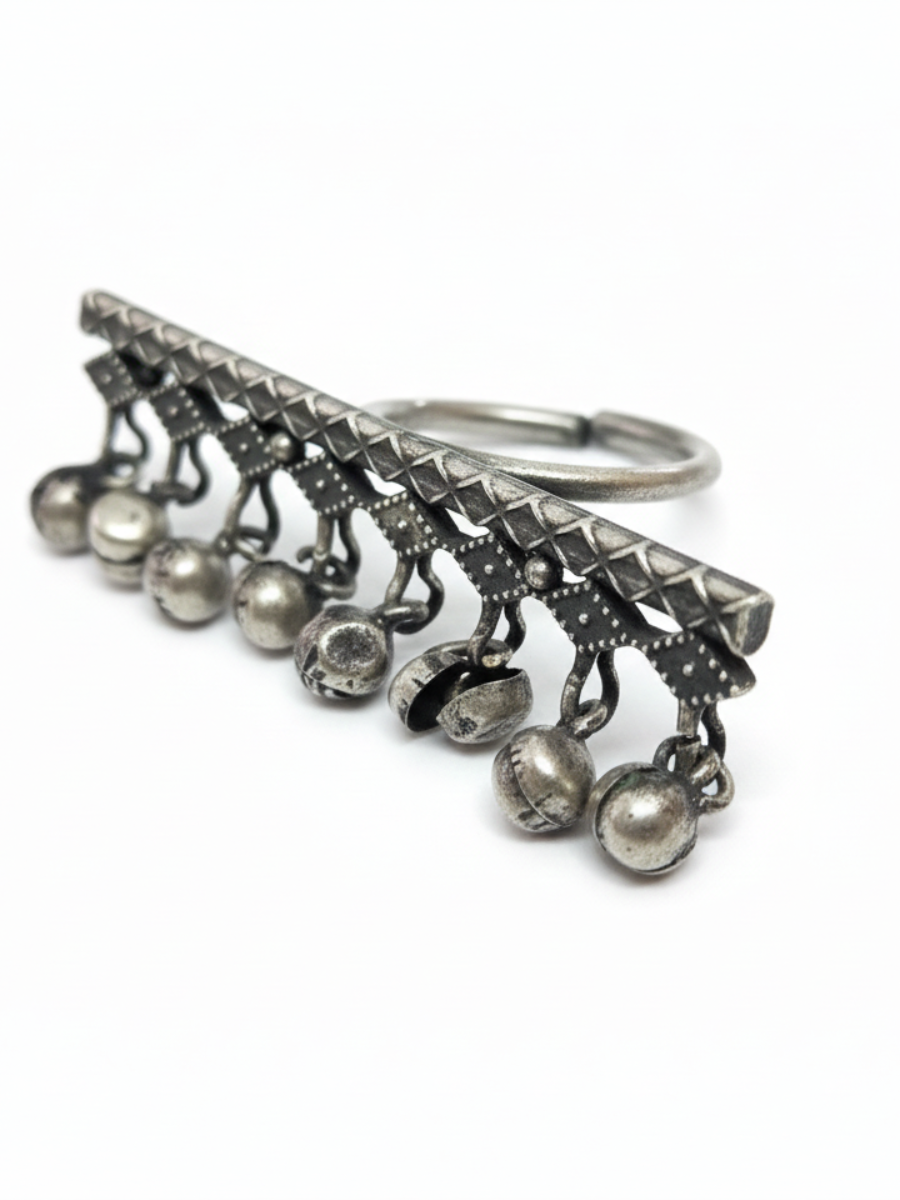 Kolhapuri Style German Silver Oxidised Gunghroo Ring