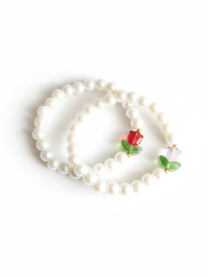 Girls Pearl Beaded Tulip Charm Friendship Bracelets