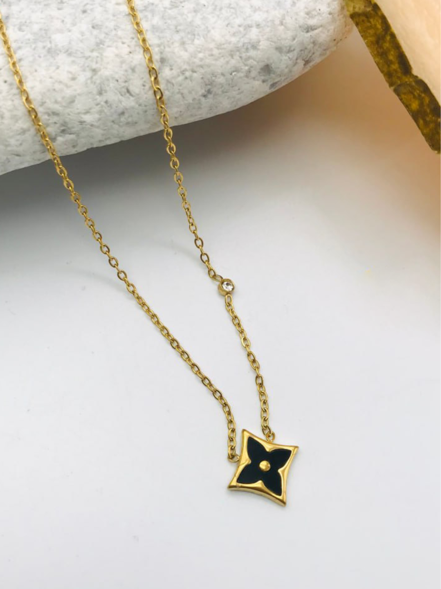 Gold Plated Black Clover Pendant Dainty Necklace