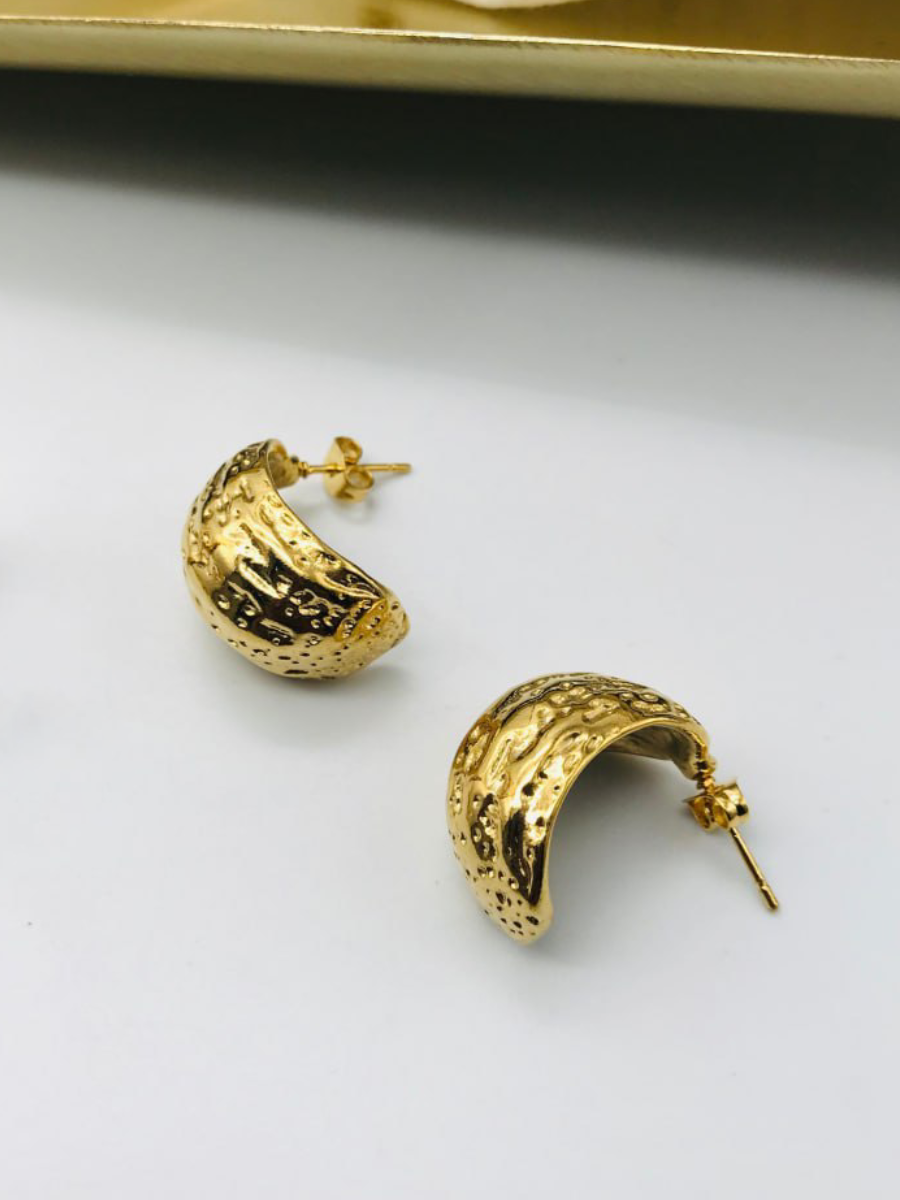 Gold Plated Curved C Shaped Textured Stud Earrings