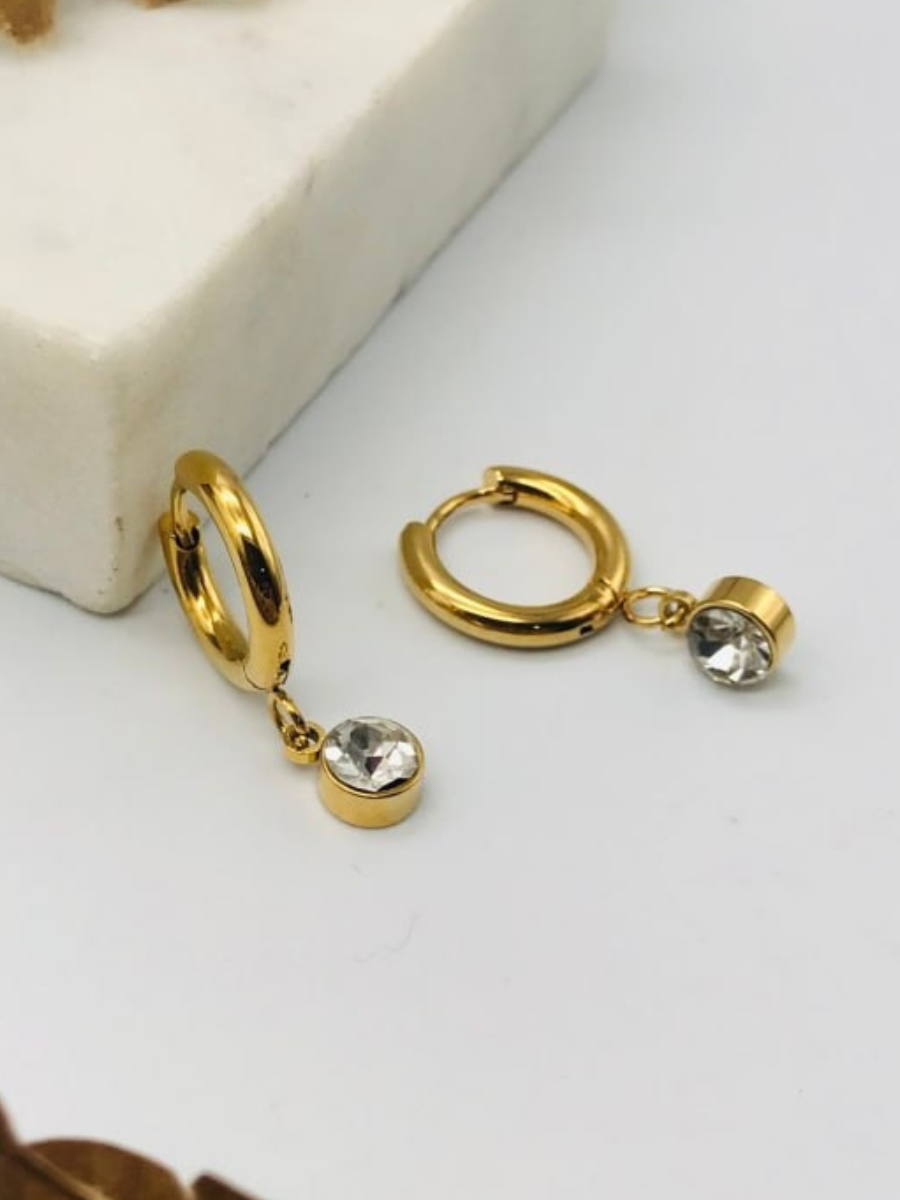 Gold Plated Hoop Earrings with Diamond Drops