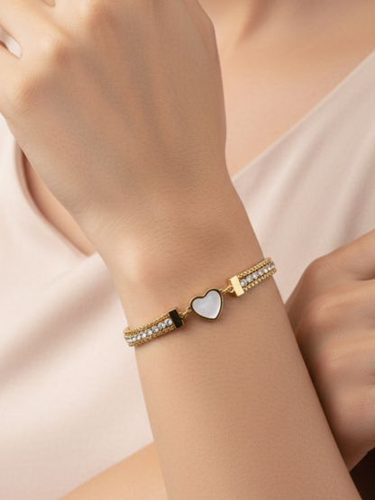 Gold Plated Triple Strand Heart Charm Zircon Bracelet
