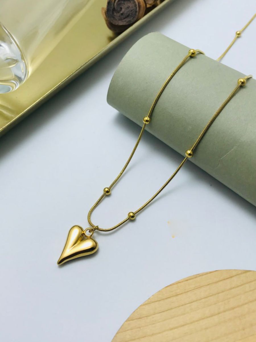 Golden Plated Heart Pendant Round Beads Chain Necklace