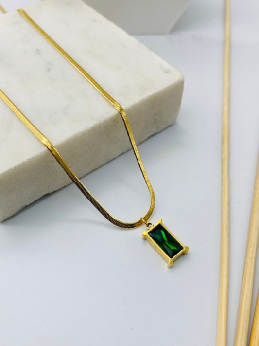 Buy Golden Rectangular Emerald Pendant Snake Chain Necklace - TheJewelbox