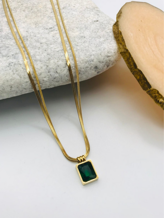 Buy Green Emerald Pendant Double Layered Golden Necklace - TheJewelbox