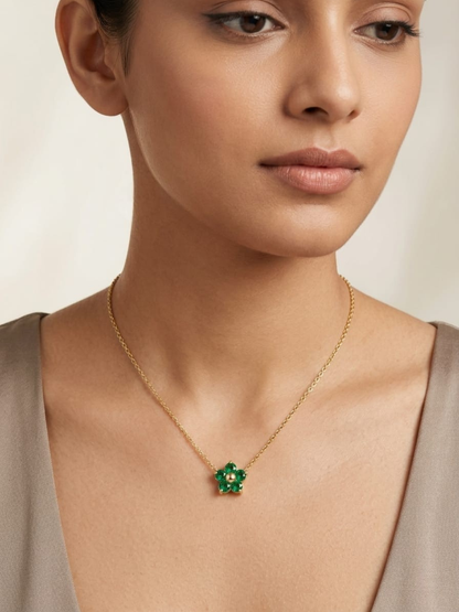 A model is wearing our Green Flower Pendant Minimal Golden Chain Necklace