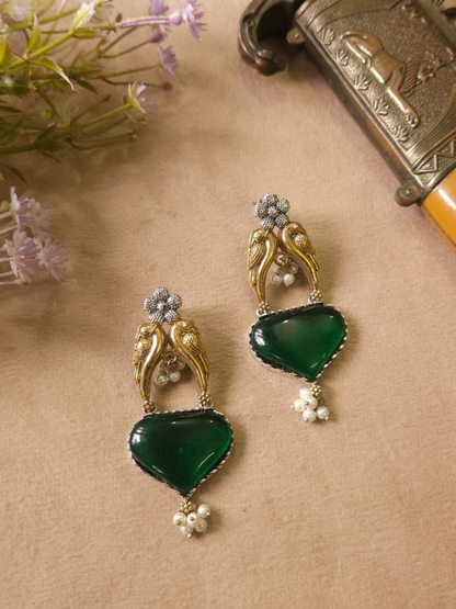 Buy Green Monalisa Stone Dual Tone Oxidised Stud Earrings Online - TheJewelbox