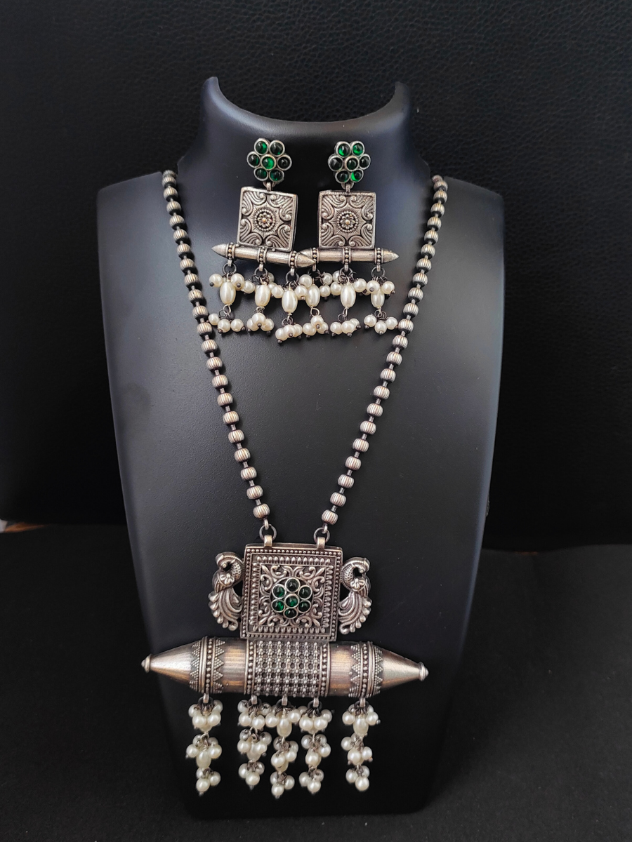 Buy Green Stone Big German Silver Oxidised Pendant Necklace Set - TheJewelbox