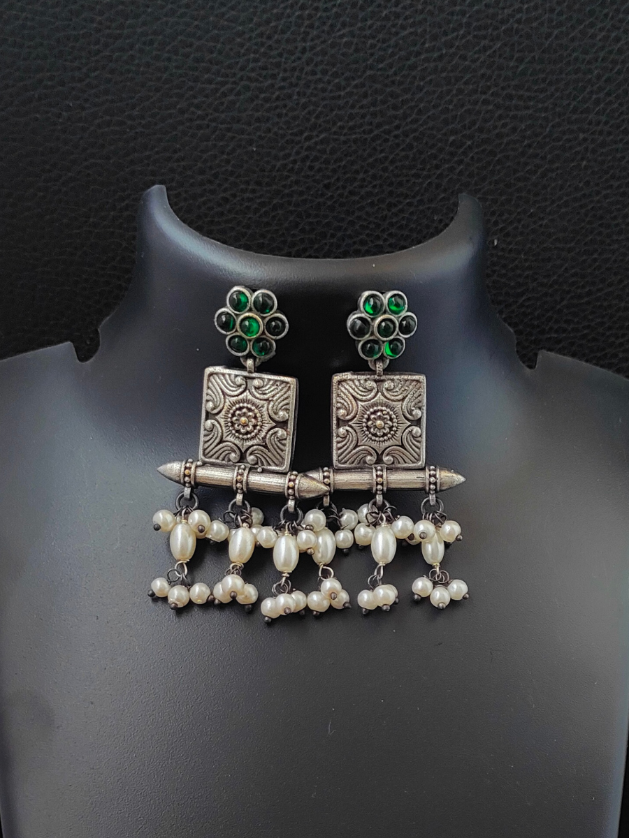Green Stone German Silver Oxidised Earrings