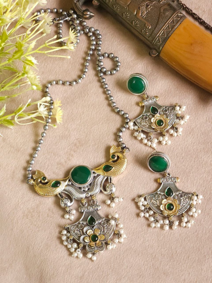 Buy Green Stone Dual Tone Oxidised Long Chain Necklace Set Online - TheJewelbox
