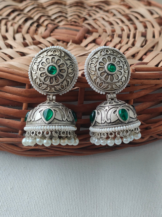 Buy Green Stone German Silver Oxidised Jhumka Earrings - TheJewelbox
