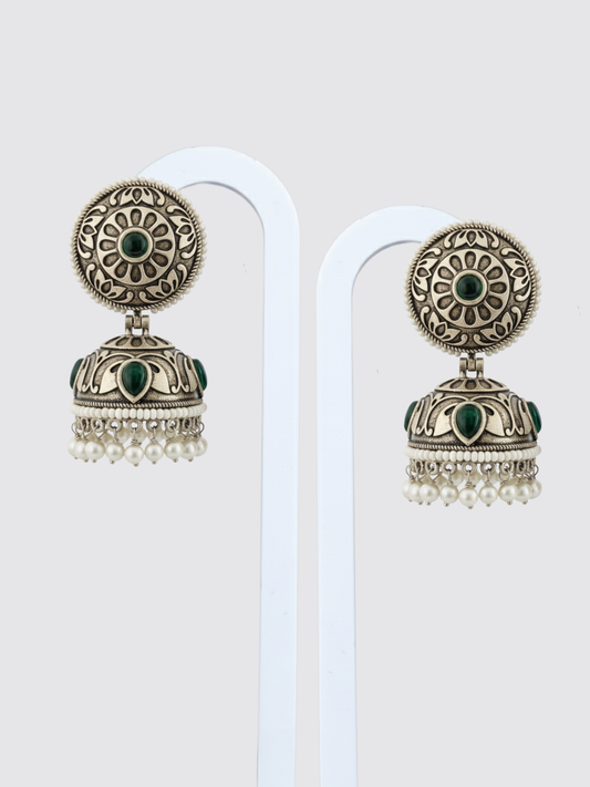 Buy Green Stone German Silver Oxidised Jhumka Earrings Online in India - TheJewelbox