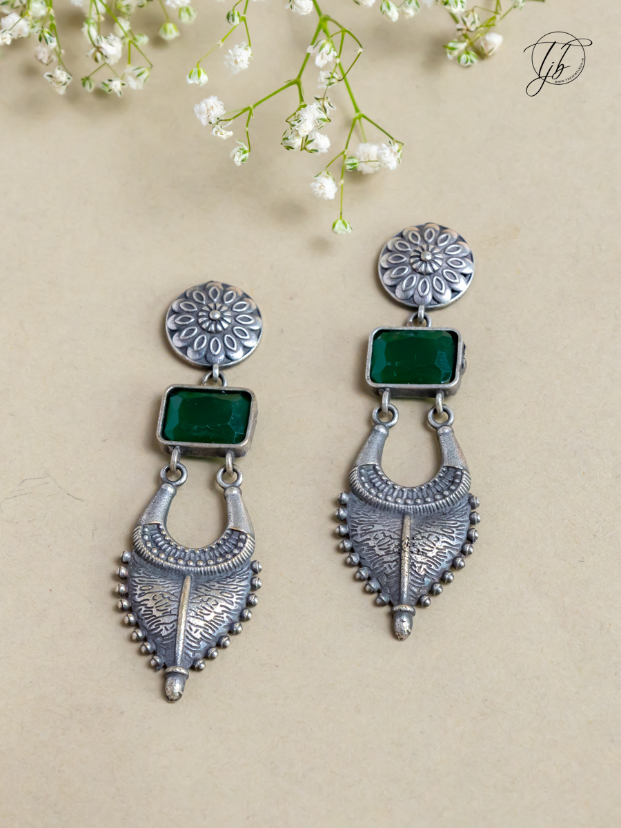 Buy Green Stone Long German Silver Earrings Online - TheJewelbox