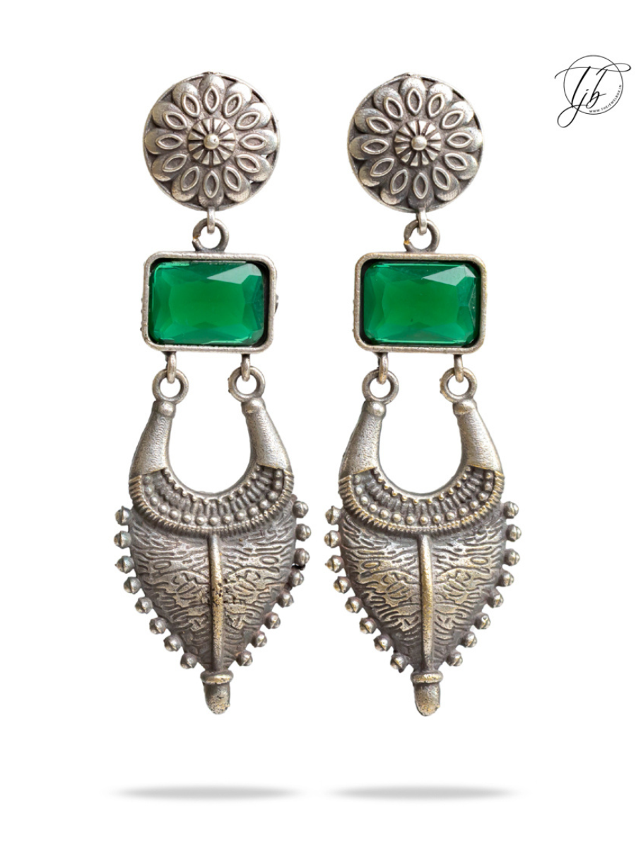 Green Stone Long German Silver Earrings