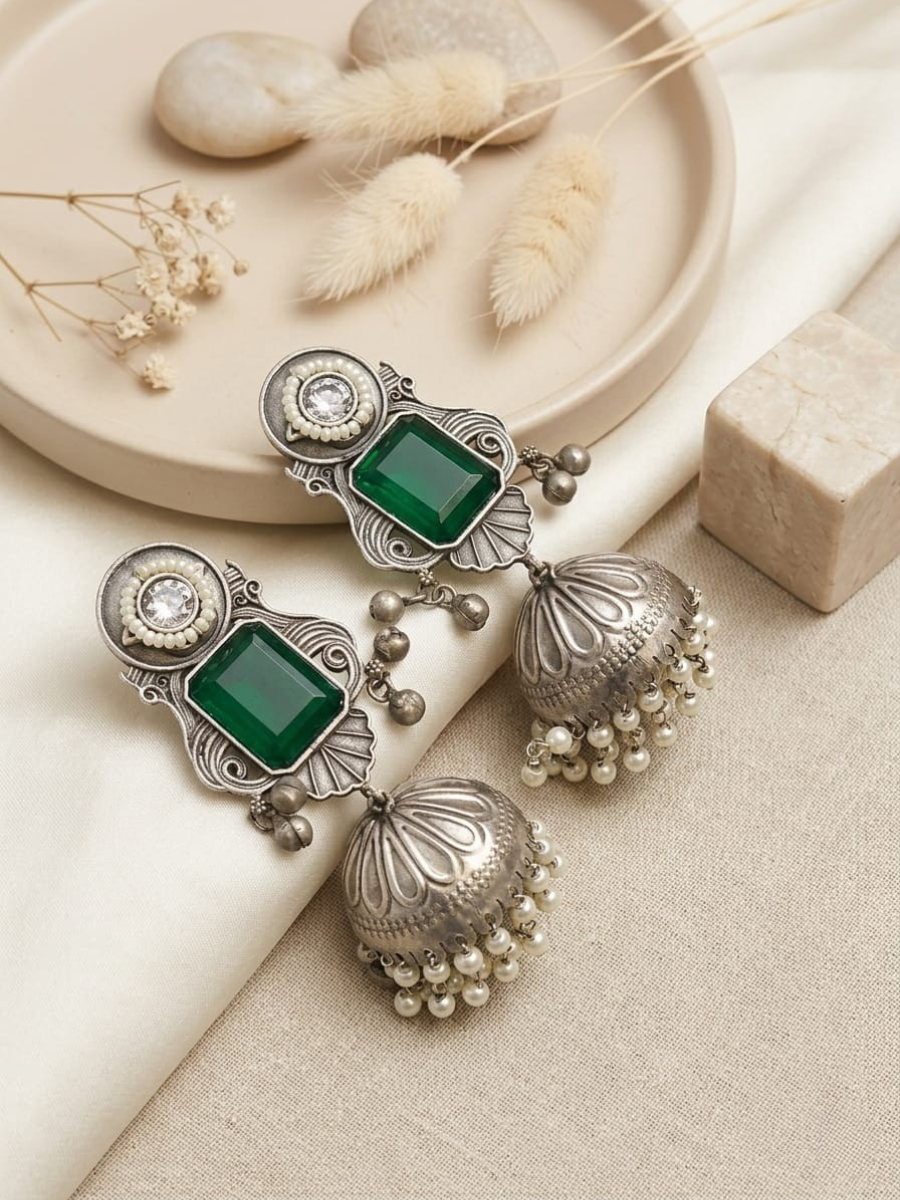 Buy Green Stone Studded Big Oxidised Silver Jhumka Earrings Online in India