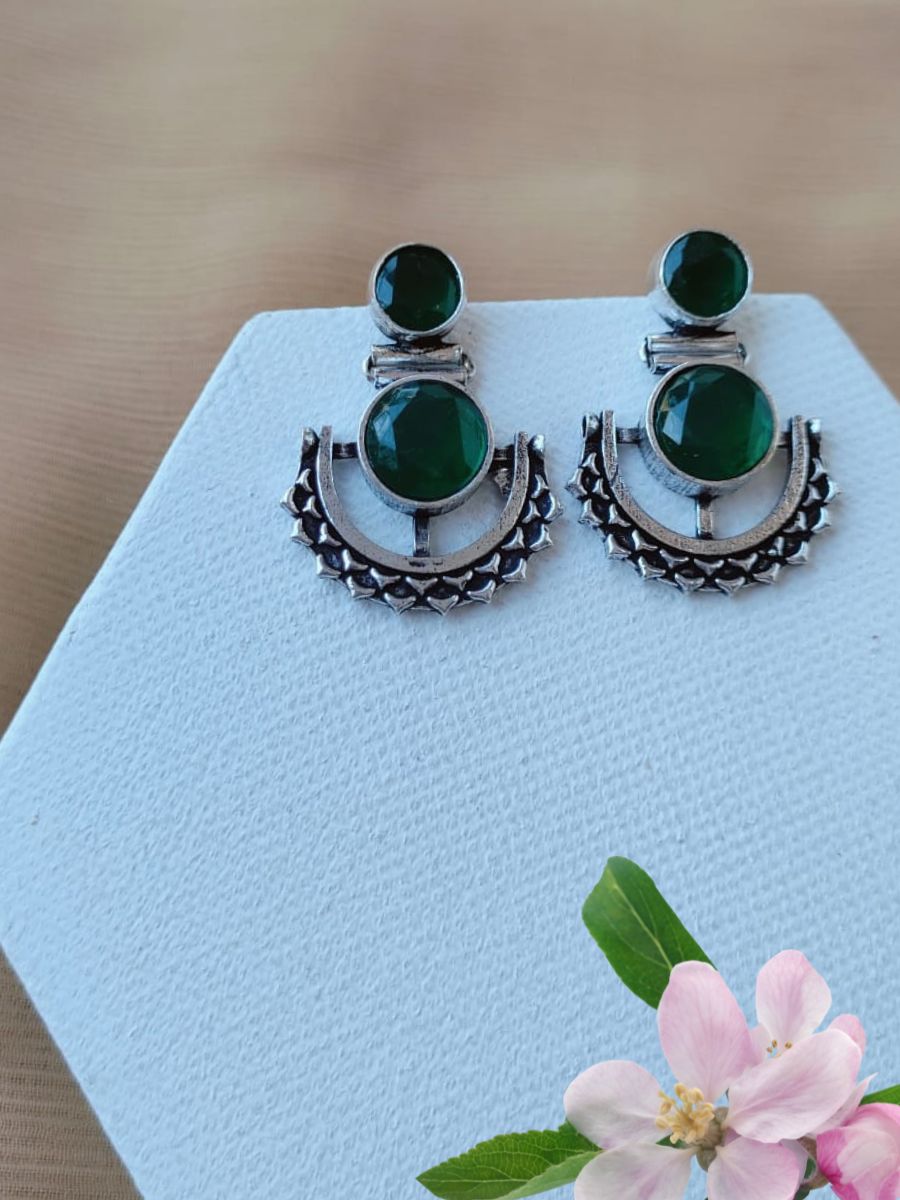 Green Stone Studded Oxidised Silver Dangler Earrings