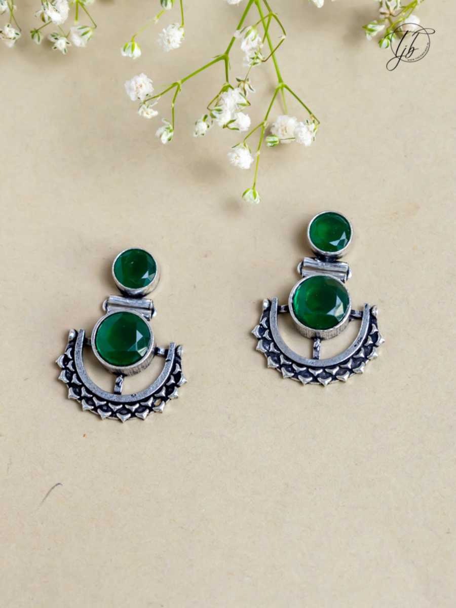 Buy Green Stone Studded Oxidised Silver Dangler Earrings Online - TheJewelbox