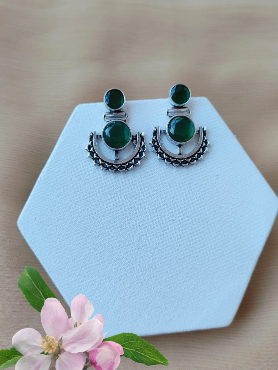 Buy Green Stone Studded Oxidised Silver Dangler Earrings - TheJewelbox